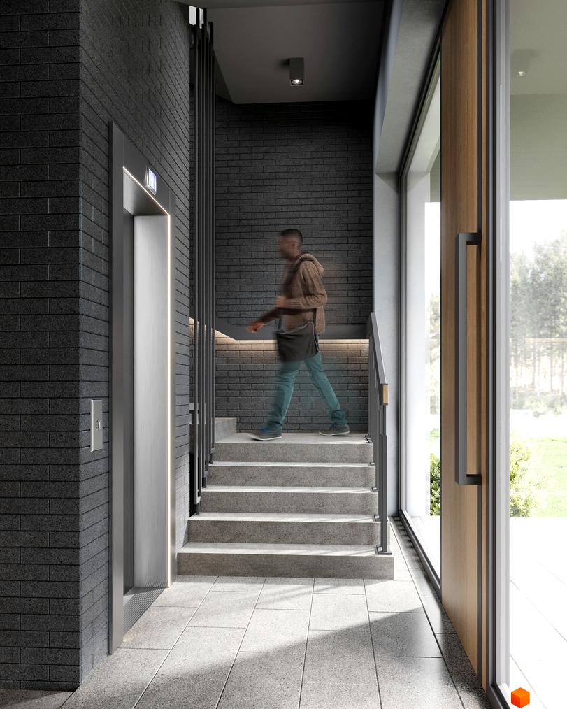 Клубний будинок Community: вхідна група з ліфтом та сходами, оздоблення фасаду цеглою та скляними елементами.