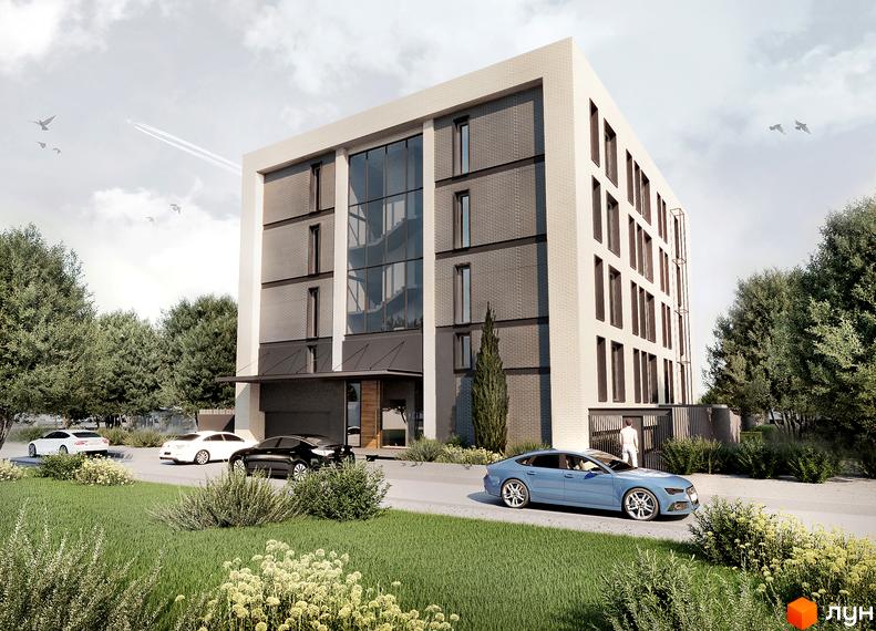 Клубний будинок Community з цегляним фасадом та великими вікнами, оточений деревами та з автомобілями на прибудинковій території.