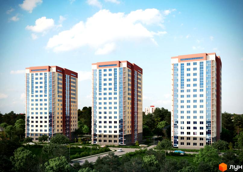 Зовнішній вигляд трьох висотних будинків ЖК Оберіг. Навколо будинків розташовані дерева та зелена зона.