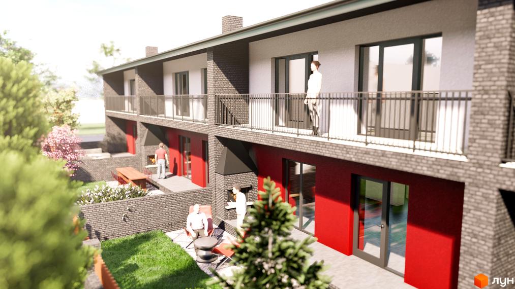 Таунхаус Cherry Town з червоними фасадами та балконами, з прибудинковою територією з зеленим газоном та місцями для відпочинку.