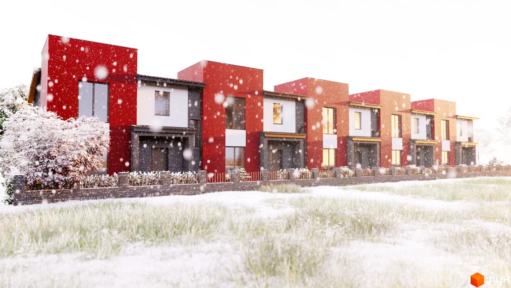 Таунхаус Cherry Town у червоних та білих кольорах з сірою цегляною обробкою, що стоїть на засніженій зеленій галявині з парканом та деревами.