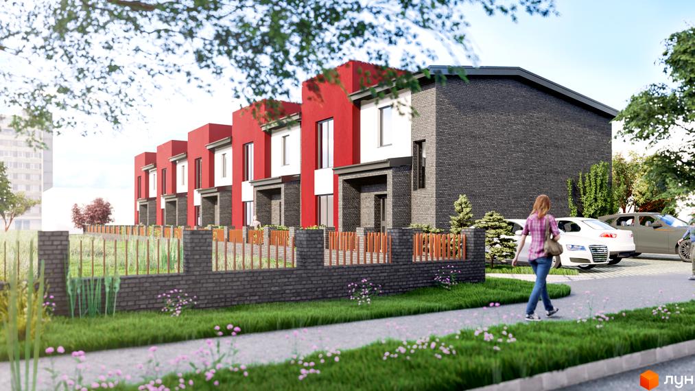 Зовнішній вигляд таунхаусів Cherry Town з червоними та сірими фасадами, огороджена територія з парканом та зеленою зоною.