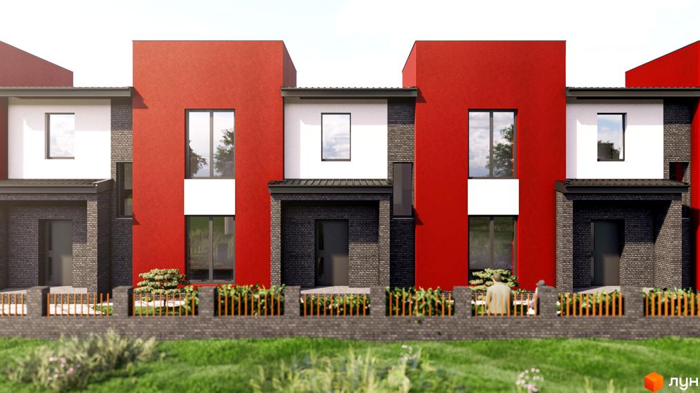 Таунхауси Cherry Town з червоними та білими фасадами, вікнами та парканом на тлі зеленої трави. Зовнішній вигляд будинків та прибудинкова територія.