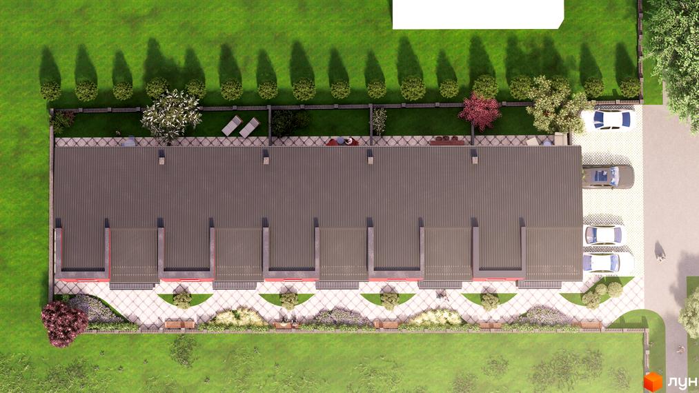 Таунхаус Cherry Town з дахом темного кольору та індивідуальними паркомісцями. Прибудинкова територія з зеленими газонами, деревами та місцями для відпочинку.