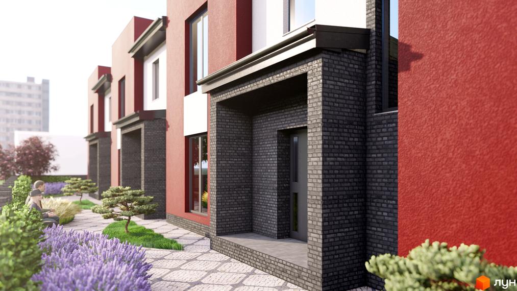 Таунхаус Cherry Town з червоними фасадами та сірою цегляною обробкою входу, з доглянутою прибудинковою територією з лавандою та деревами.