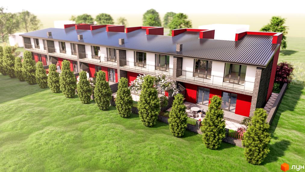 Таунхаус Cherry Town з червоними фасадами та чорним дахом, оточений зеленими деревами та газоном. Зовнішній вигляд будинку та прибудинкової території.