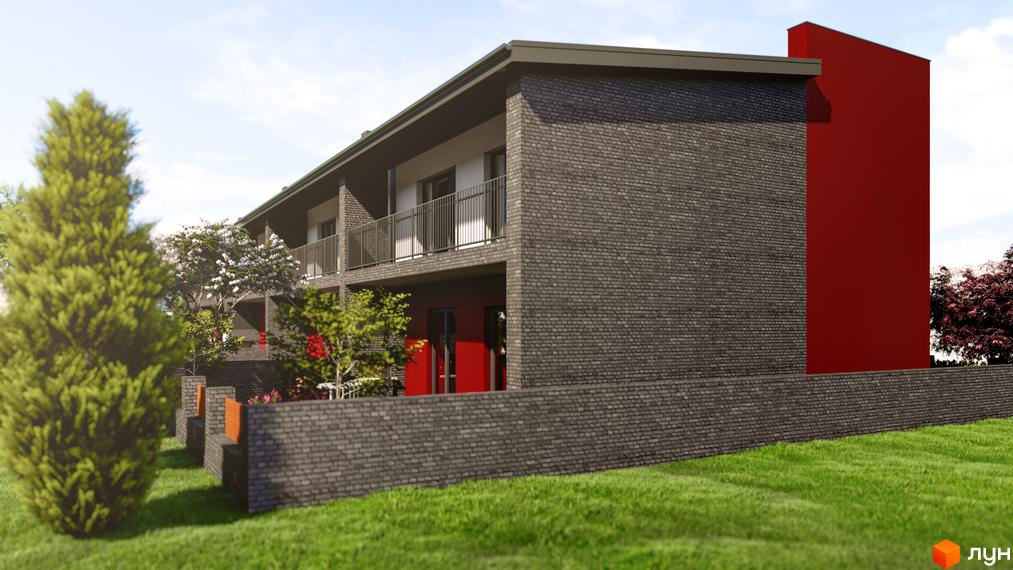 Таунхаус Cherry Town з сірої цегли з червоними елементами фасаду та балконами. Навколо зелений газон та дерева.