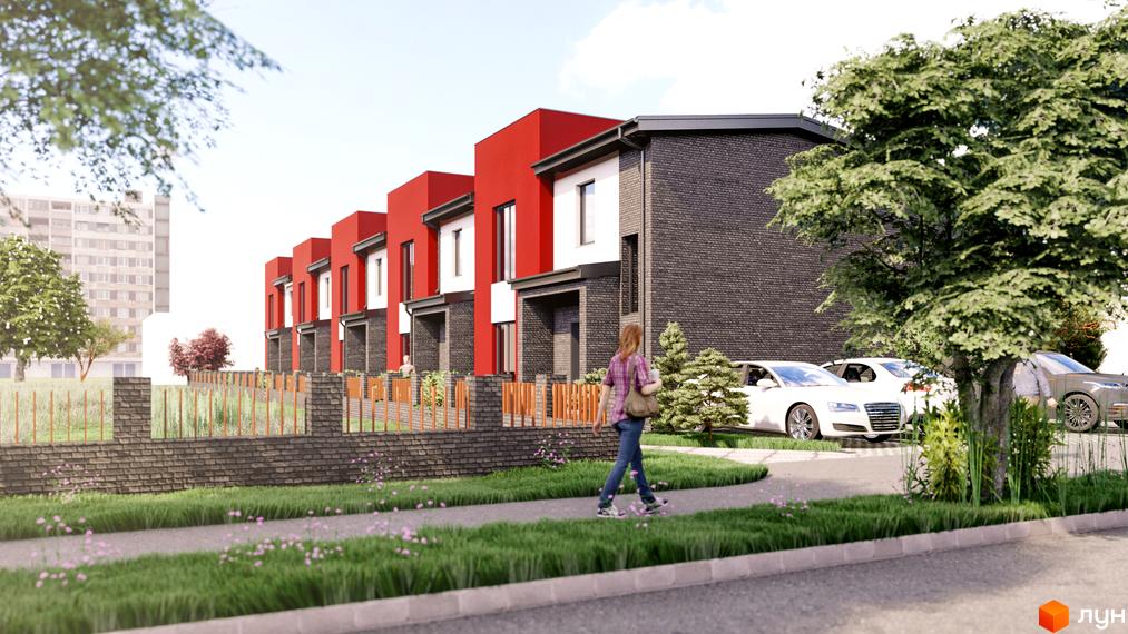 Таунхаус Cherry Town з червоними та сірими фасадами, біля будинку зелена територія з деревами та автомобілями.