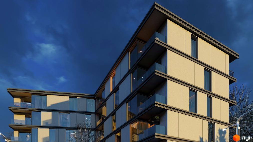 Новобудова на вулиці Мечникова з панорамними вікнами та балконами. Зовнішній вигляд будівлі з кількома поверхами та виступаючими елементами.