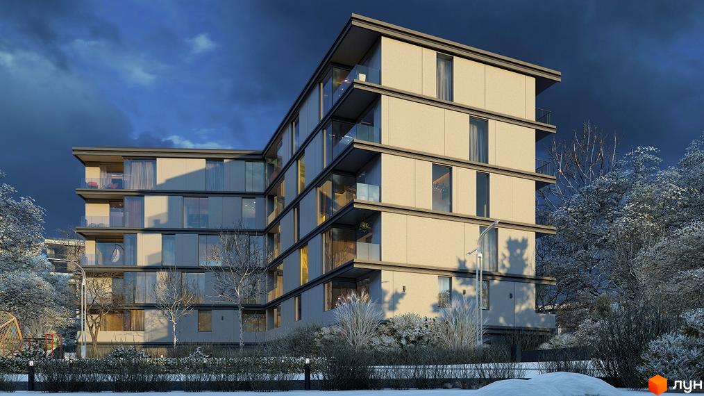 Зовнішній вигляд житлового комплексу на вул. Мечникова взимку. Будинок має багатоповерхову структуру з панорамними вікнами та балконами. Прибудинкова територія вкрита снігом, навколо дерева.