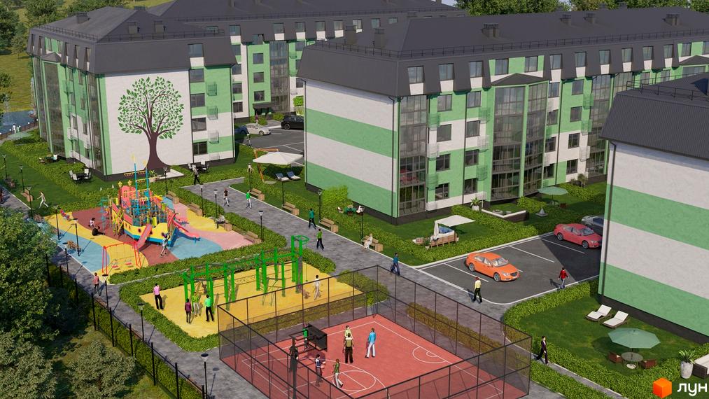 Житловий комплекс Greendom з яскравим дитячим майданчиком та спортивними зонами. Зелена територія з місцями для відпочинку та паркування.