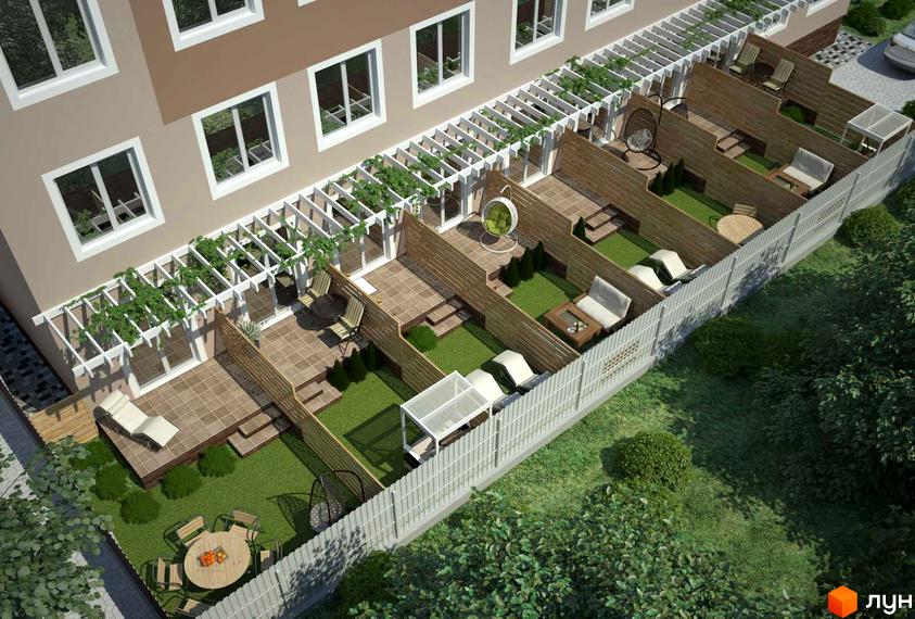 Петрівський SMART – житловий комплекс з терасами та приватними двориками. Зовнішній вигляд будинку та облаштована прибудинкова територія з меблями.