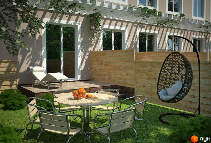 Петрівський SMART - новобудова з терасою, зоною відпочинку з плетеним кріслом-гойдалкою та столиком з кріслами на зеленій галявині.