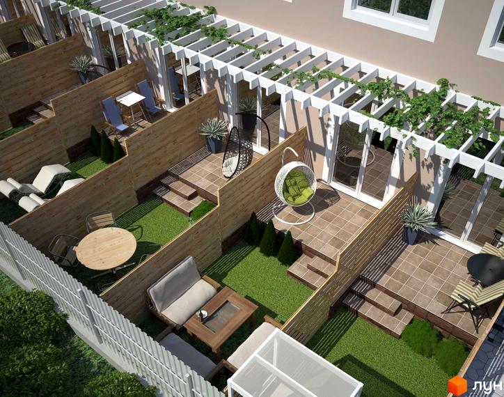 Житловий комплекс Петрівський SMART: тераси з підвісними кріслами та зони відпочинку з меблями. Прибудинкова територія з газоном та дерев'яними парканами.