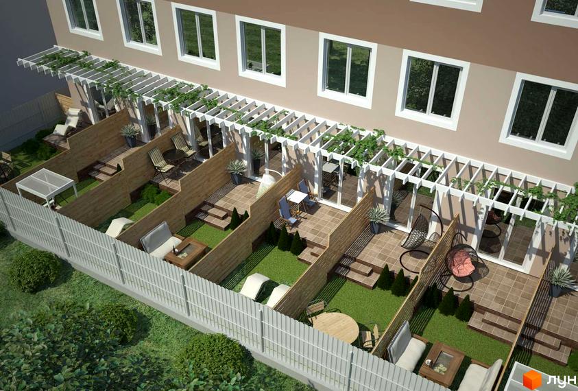 Зовнішній вигляд житлового комплексу Петрівський SMART з терасами та приватними двориками. Озеленена прибудинкова територія з зонами відпочинку.