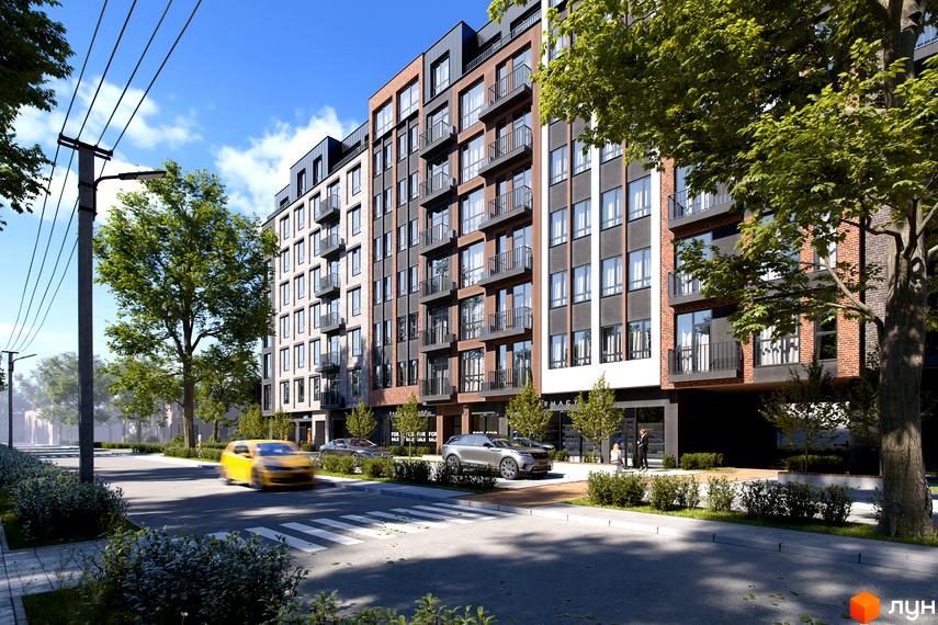 Сучасний житловий комплекс Avalon Yard з цегляним фасадом та балконами, розташований біля дороги з деревами та пішохідним переходом.