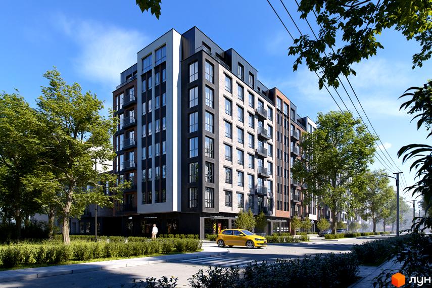 Житловий комплекс Avalon Yard - це багатоповерхова новобудова з цегляним фасадом та великою кількістю вікон. Територія навколо будинку озеленена деревами та кущами.