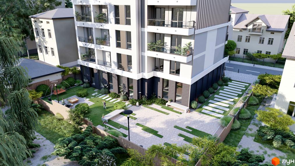 Житловий комплекс На Кондукторській: фасад будинку з балконами та вікнами, прибудинкова територія з ландшафтним дизайном та зонами відпочинку.