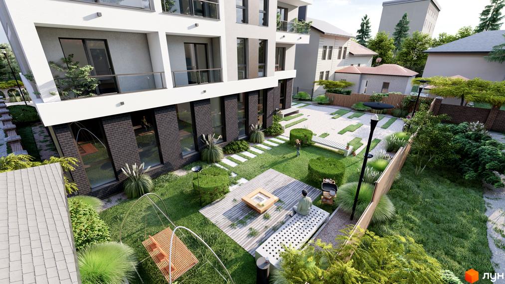 Житловий комплекс На Кондукторській: будинок з білим фасадом та цегляною основою. Двір з газоном, терасою та зонами відпочинку.