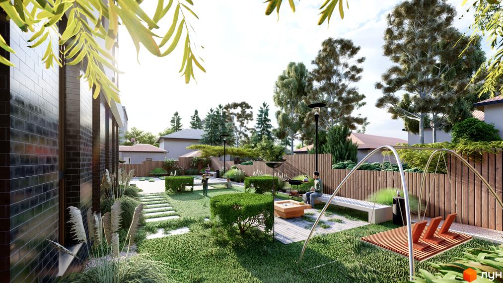 Житловий комплекс На Кондукторській: сучасний фасад будівлі та облаштована прибудинкова територія з зонами відпочинку та озелененням.