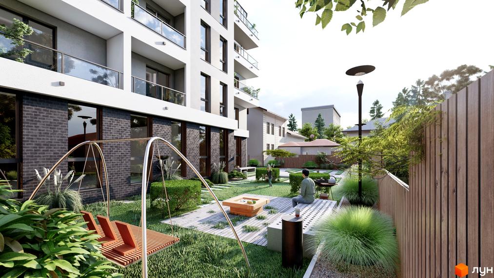 Багатоповерховий будинок Житловий комплекс На Кондукторській з білим фасадом та темною цеглою на першому поверсі. Прибудинкова територія облаштована зеленими насадженнями та зоною відпочинку.