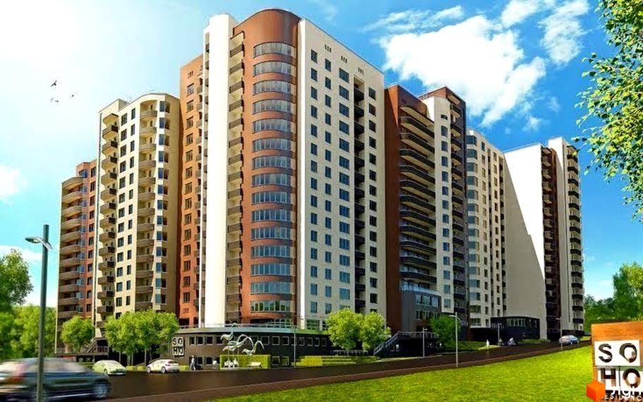 Житловий комплекс SOHO residence - багатоповерхові будинки з балконами та панорамними вікнами. Навколо комплексу зелена зона з деревами та дорогою.