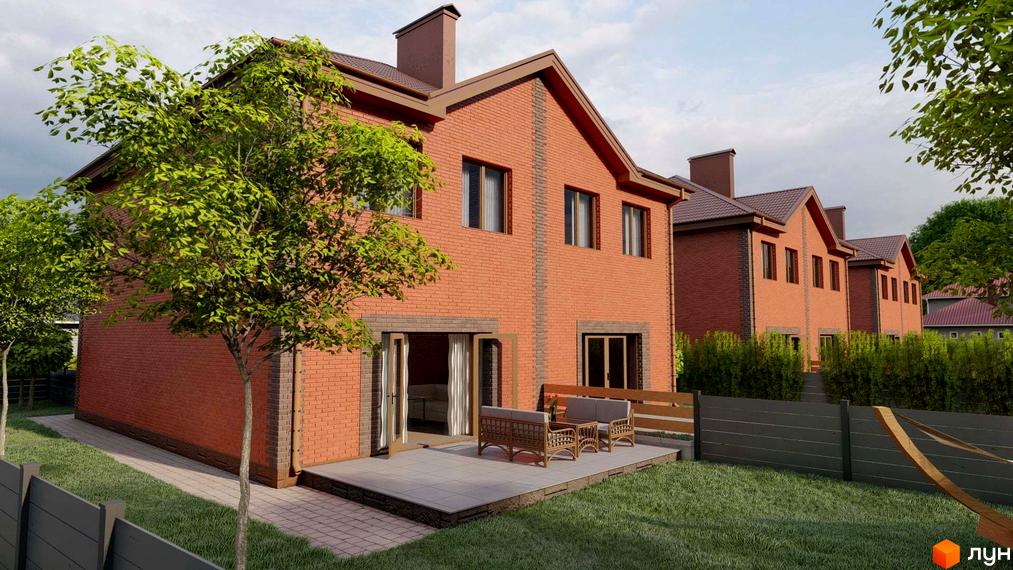 Дуплекси „Екологічний“: двоповерхові цегляні будинки з коричневими дахами та терасою з меблями. Навколо будівель зелений газон та дерева.