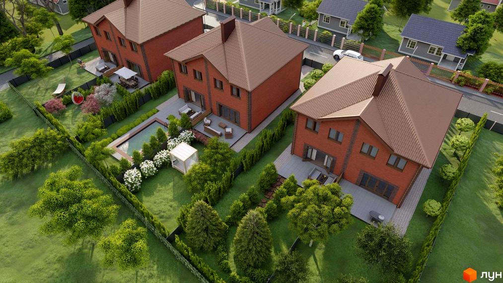 Дуплекси „Екологічний“: цегляні двоповерхові будинки з коричневими дахами, з басейном, альтанкою та зеленим подвір'ям. Огляд котеджного містечка.