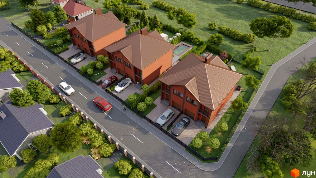 Дуплекси „Екологічний“: цегляні будинки з коричневими дахами, розташовані вздовж дороги з доглянутими газонами та деревами. На території комплексу є басейн та паркомісця.