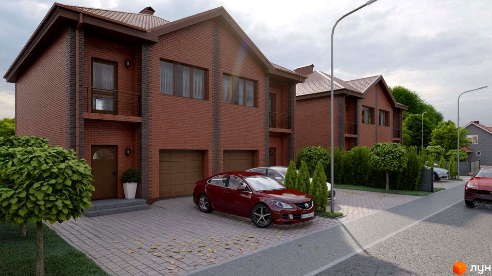 Дуплекси „Екологічний“: двоповерхові цегляні будинки з гаражами та балконами, розташовані на брукованій прибудинковій території з доглянутими деревами та кущами.