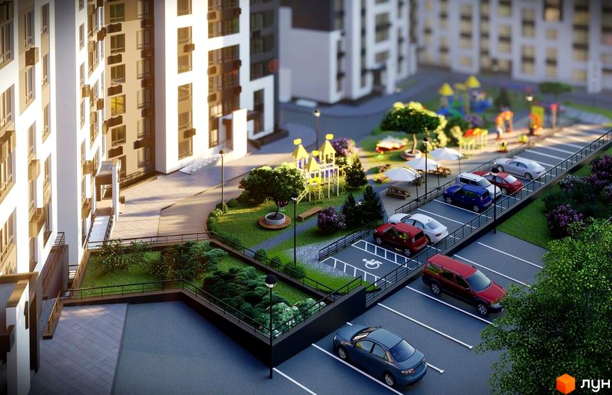 Зовнішній вигляд будинків ЖК Львівський з парковкою та дитячим майданчиком. Огляд новобудови та прибудинкової території.