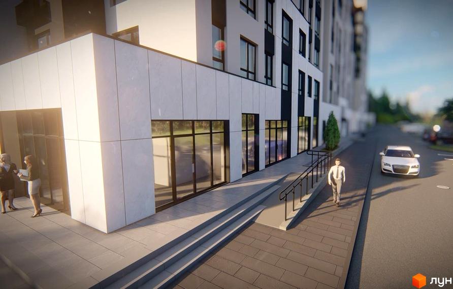 Зовнішній вигляд новобудови ЖК Львівський з фасадом з білих панелей та великими вікнами. Поруч розташована прибудинкова територія з пандусом та тротуаром.