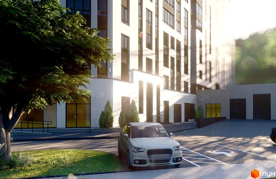 Зовнішній вигляд новобудови ЖК Львівський з паркуванням та деревами. Сучасна архітектура та доглянута прибудинкова територія.