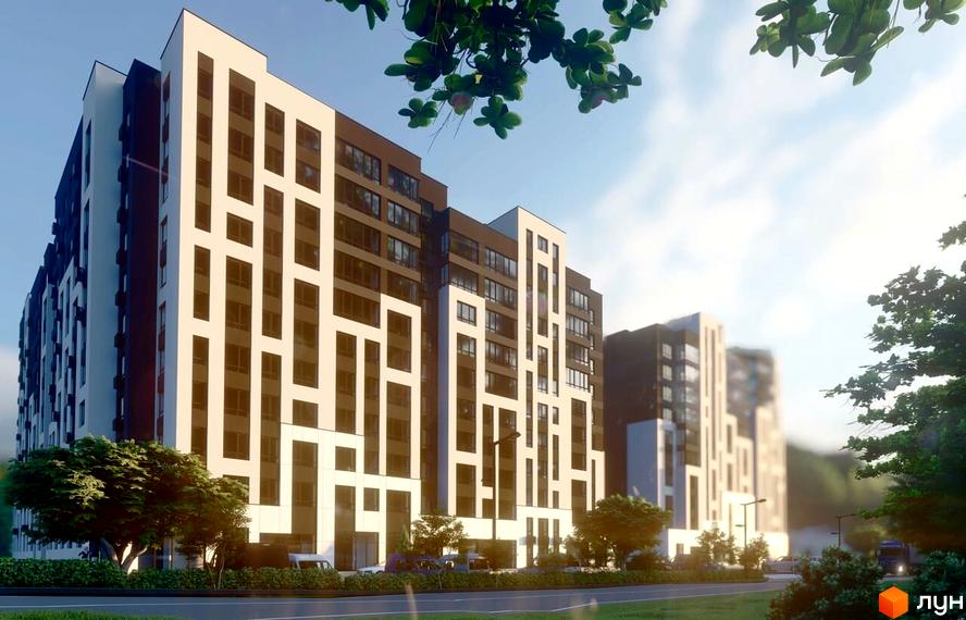 Зовнішній вигляд житлового комплексу Львівський з білими та коричневими фасадами та великими вікнами. Навколо комплексу зелена прибудинкова територія з деревами та дорогою.