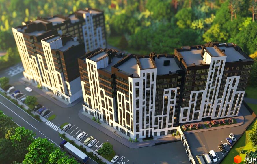 Житловий комплекс Львівський - це сучасна новобудова з біло-чорними фасадами та великою кількістю вікон. Територія навколо будинку облаштована парковкою та зеленими насадженнями.