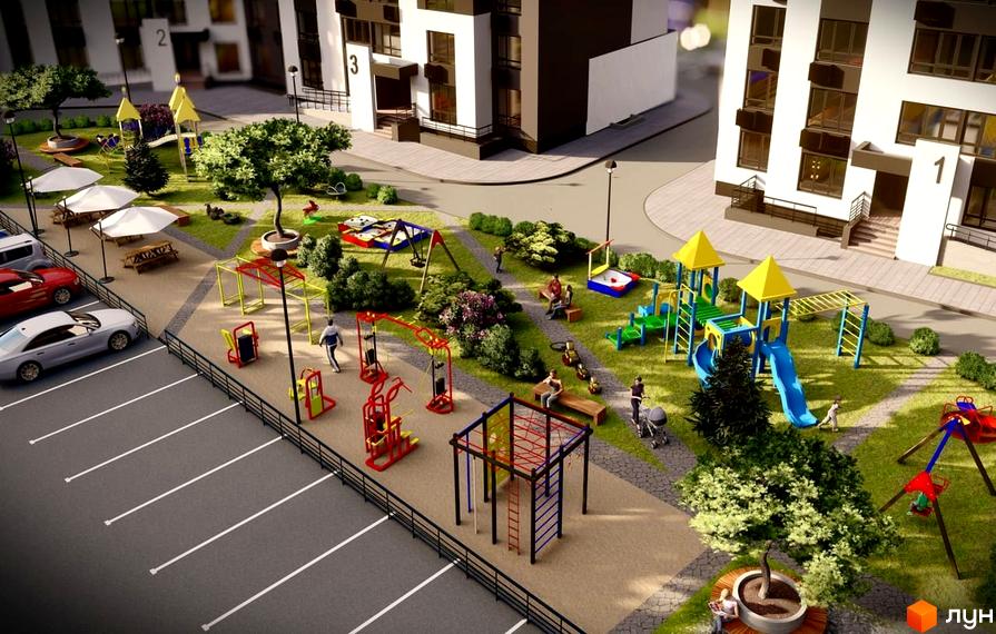 Житловий комплекс Львівський: сучасна архітектура будівель та облаштований дитячий майданчик з зонами для відпочинку.