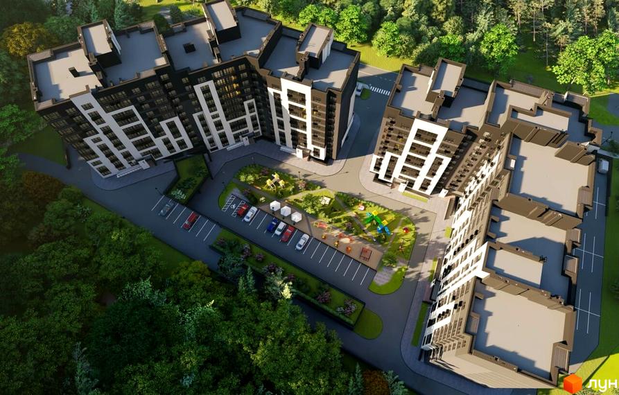 Житловий комплекс Львівський має сучасний дизайн фасадів та облаштовану прибудинкову територію з дитячим майданчиком та паркінгом.