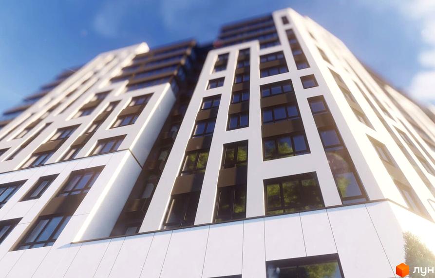 Зовнішній вигляд новобудови ЖК Львівський з білими фасадами та темними вікнами, що відображають зелені дерева. Будівельний проєкт розташований під блакитним небом.