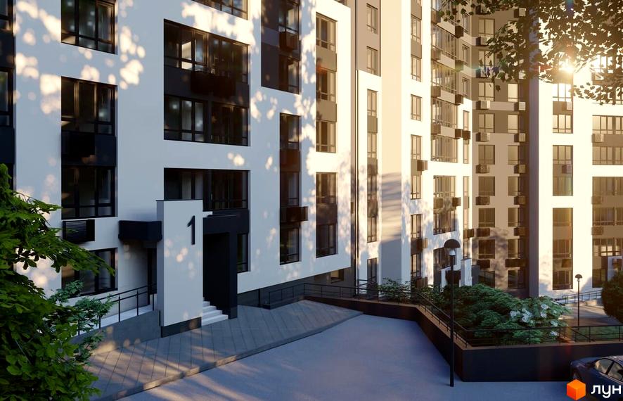 Фасад новобудови ЖК Львівський з великою кількістю вікон та кондиціонерів, перед будинком розташована прибудинкова територія з деревами та доріжками.