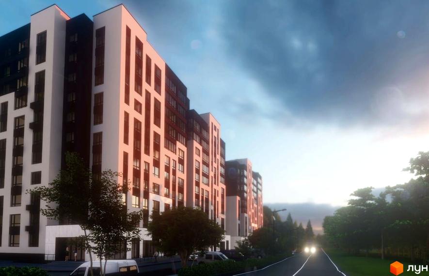 Житловий комплекс Львівський - це багатоповерхові будинки з біло-темною фасадною частиною та скляними балконами. Територія навколо будинку озеленена деревами, а дорогою їдуть автомобілі.