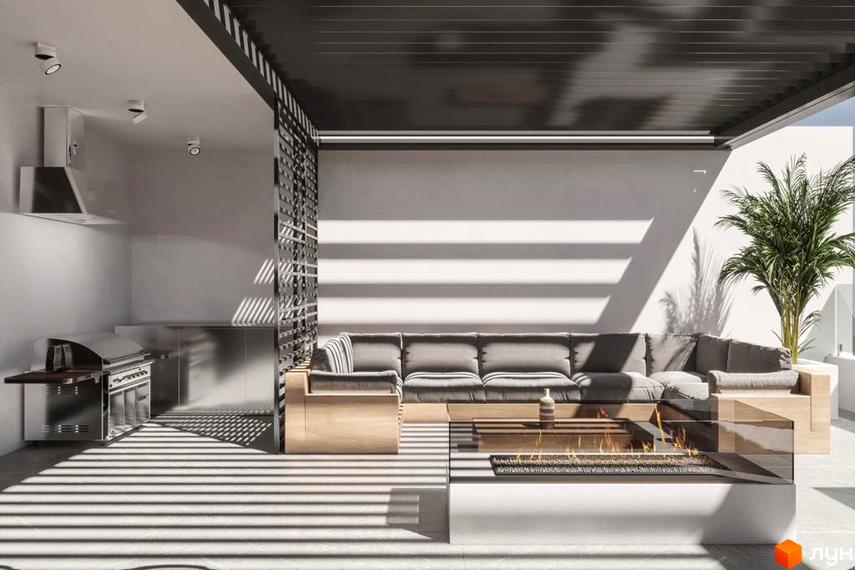 Зона відпочинку у дворі будинку ЖК Dynastia BC: диван, камін, рослини. Простір для відпочинку та розваг на свіжому повітрі.