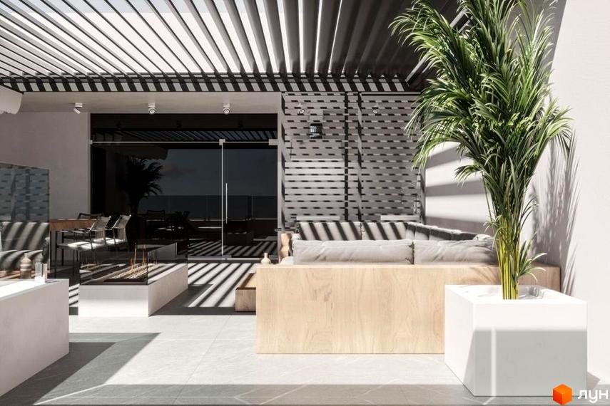 Затишна тераса в ЖК Dynastia BC з дерев'яними меблями, рослинами та скляними дверима. Ідеальне місце для відпочинку та насолоди.