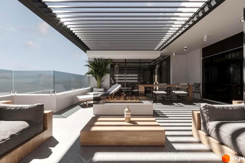 Простора тераса в ЖК Dynastia BC з панорамним склінням, зоною відпочинку з диванами та столиком, та з видом на місто.