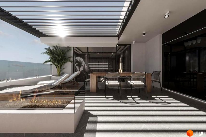 Затишна тераса в ЖК Dynastia BC з місцем для відпочинку, обідньою зоною та скляним огородженням, що відкриває чудовий краєвид.