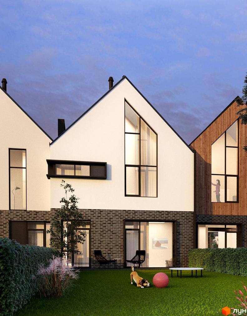 Котеджне містечко КМ Loft City 2.0: триповерхові будинки з великими вікнами та дерев'яними елементами фасаду, зелений двір з газоном та зоною відпочинку.