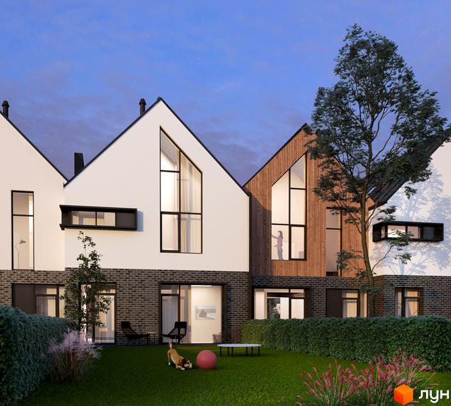 Котеджне містечко КМ Loft City 2.0. Зовнішній вигляд будинків з великими вікнами та дерев'яними елементами, зелена прибудинкова територія з газоном та кущами.