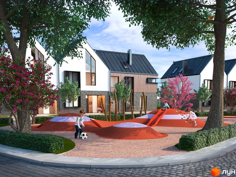 Котеджний комплекс КМ Loft City 2.0: сучасні будинки з великими вікнами та дитячий майданчик з гіркою та пісочницею.