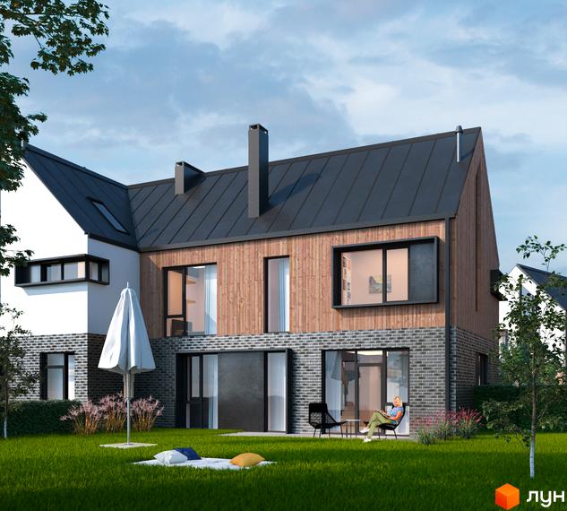 Зовнішній вигляд будинку КМ Loft City 2.0 з дерев'яним фасадом та цегляною основою, з прибудинковою територією та зеленим газоном. Опис новобудови для сайту.