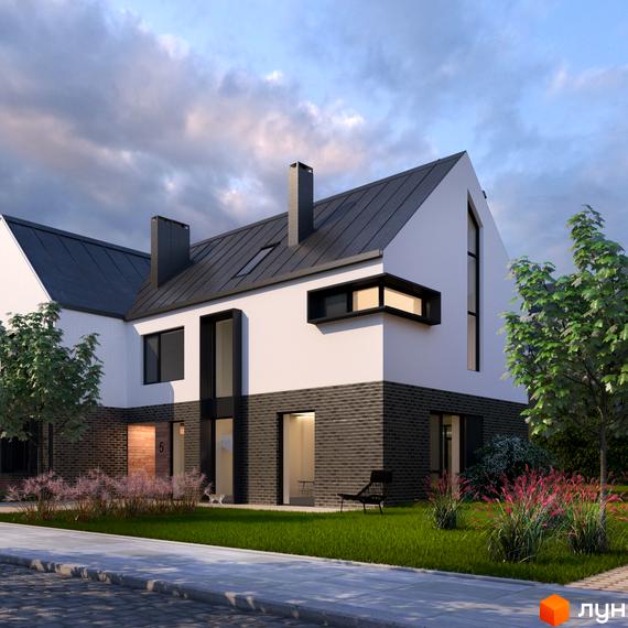 Котеджний комплекс КМ Loft City 2.0 з білими фасадами та темною цегляною обробкою. Навколо будинку зелений газон та декоративні рослини.