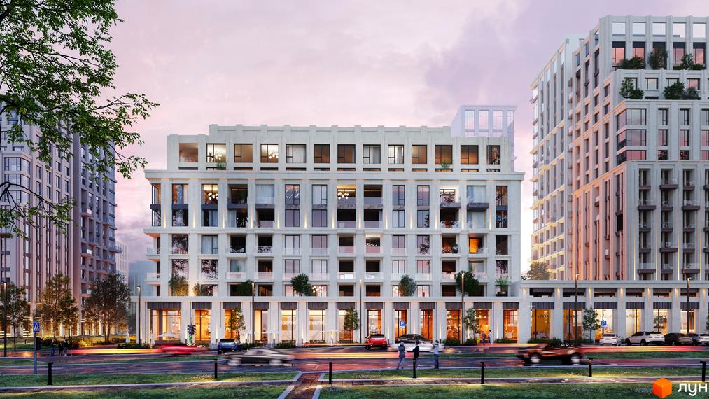 Зовнішній вигляд житлового комплексу Doma Trabotti з фасадами з білої цегли та великими вікнами. Навколо комплексу зелена зона та дорога з автомобілями.